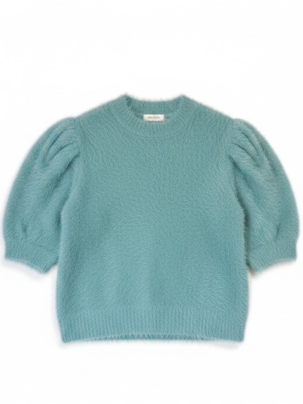 Mystree Fuzzy Short Puff Sleeve Crew Neck Sweater in Turquoise Blue Size Medium